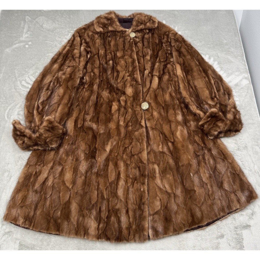 Vintage Mink Fur Coat Womens XL Brown Balloon Sleeves Jacket Western MCM 50s 60s